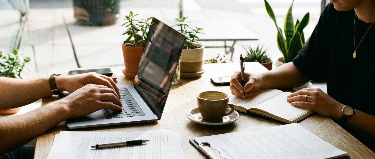 Two people working at a table with a laptop, notebook and coffee